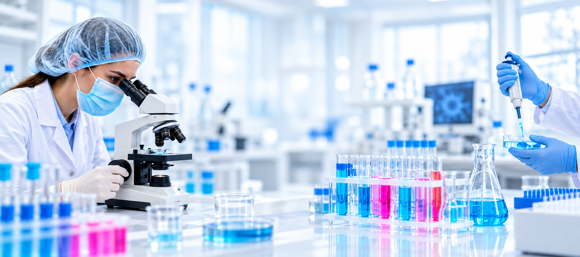 Modern biopharmaceutical technology laboratory with lyophilisation chambers and analytical equipment
